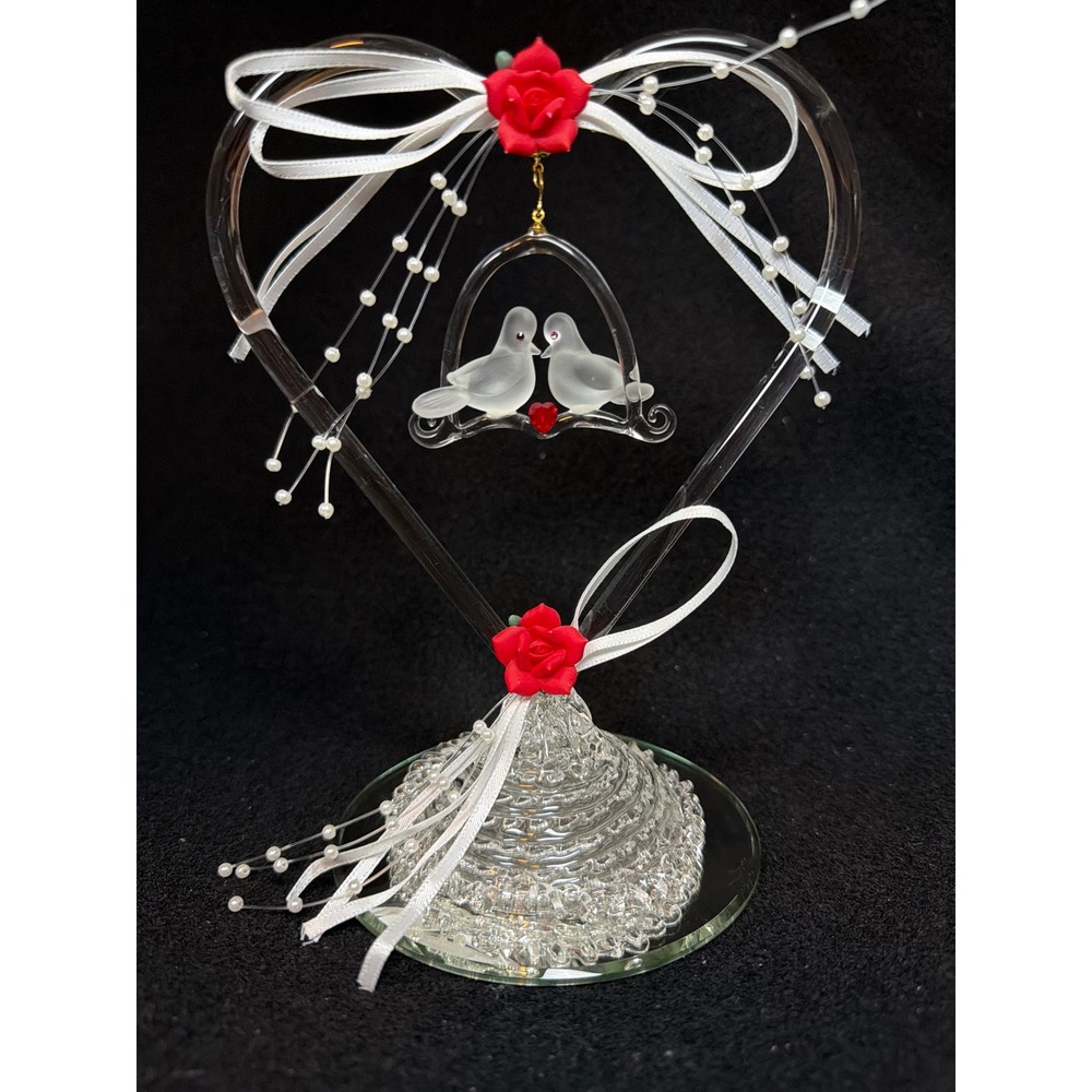 Glass Heart Love Birds Figurine Mirrored Base Red Rose Wedding Cake Topper VTG